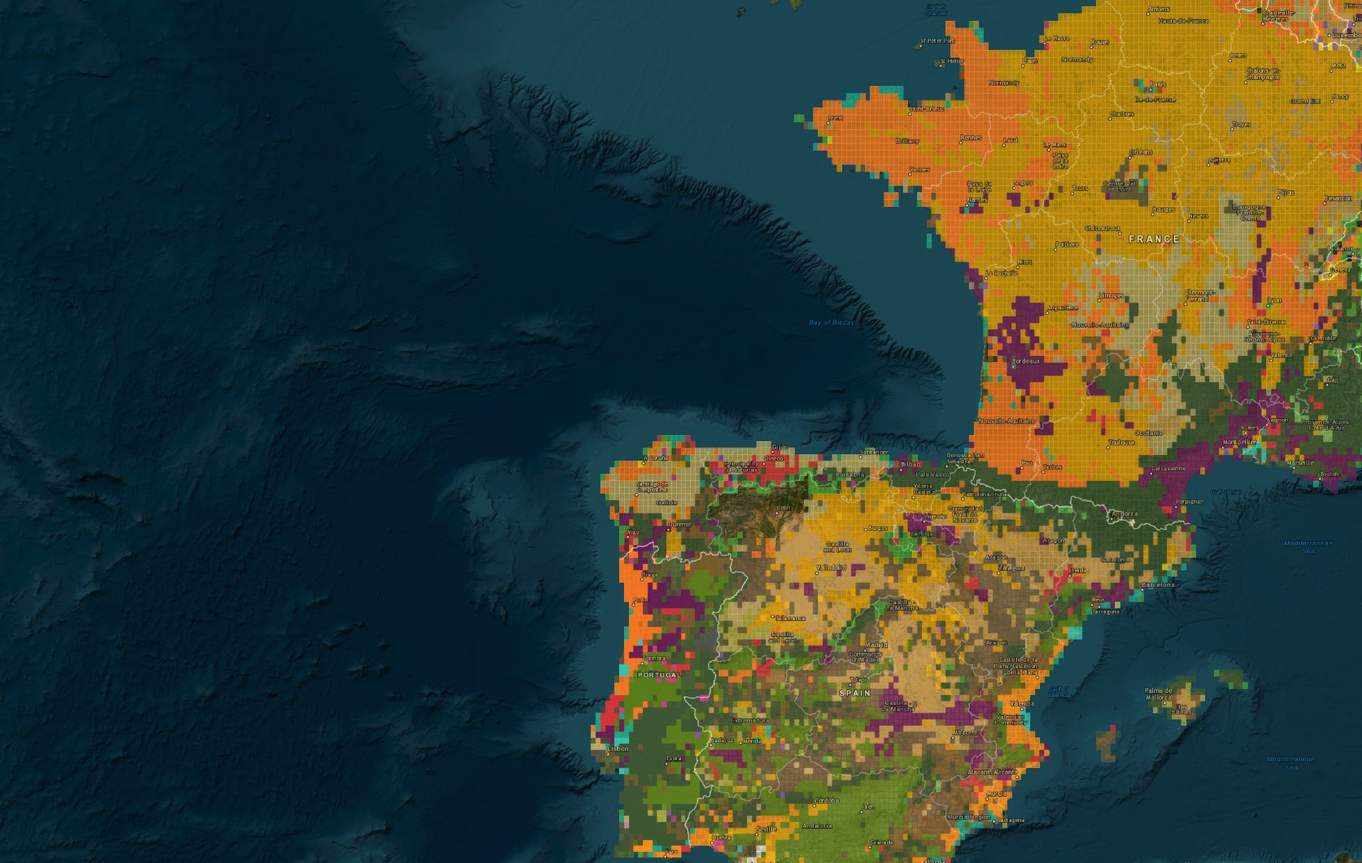 Crop map spanning France, Spain and Portugal from a single model